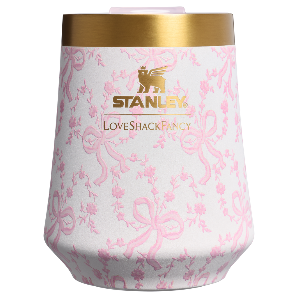 Premium Matte Stanley 1913 x LoveShackFancy Holiday Reserve Wine Tumbler D204X - Premium Insulated Egg-Shaped Wine Glass for Outdoors - Coquette Bow Chantilly